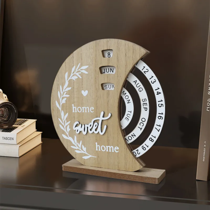 Wooden Perpetual Calendar - Manual Rotating Desktop Desk Calendar